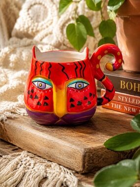 Laurel Burch Fantasticat Red Cat Coffee Mug Sculpture Face Decorative Cup 2014